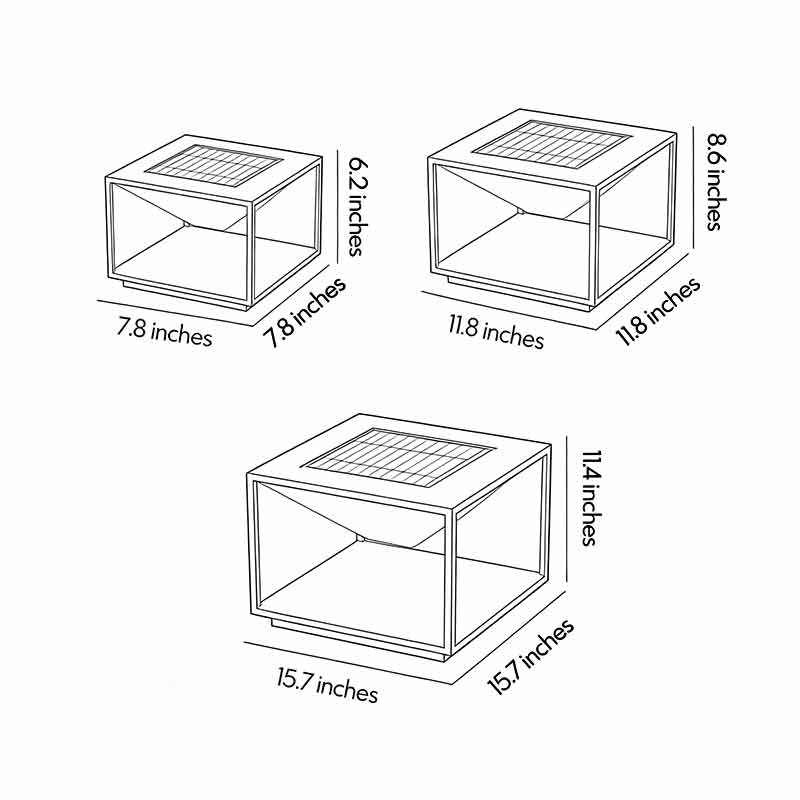 Solar pillar light outdoor dimension drawing displaying multiple size options for installation.