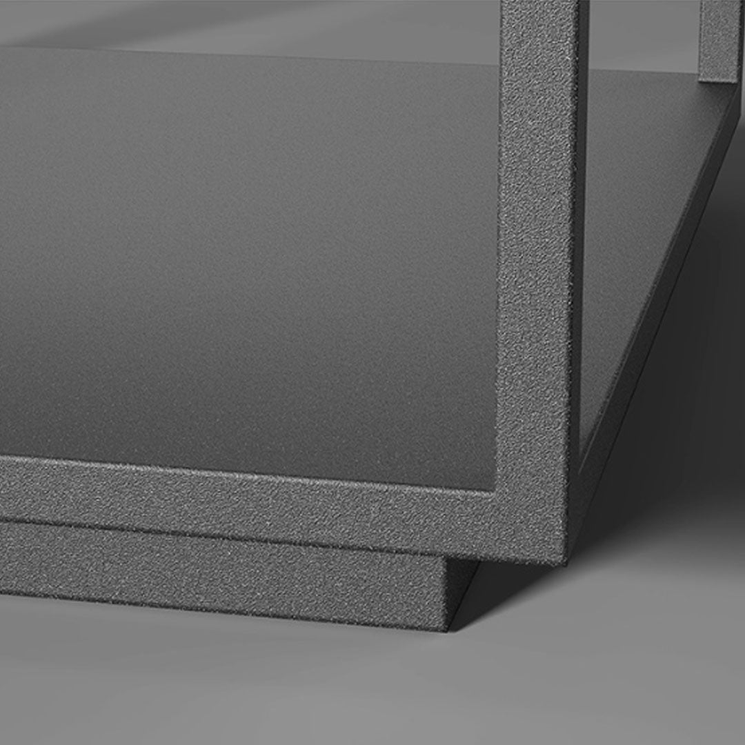 Close-up detail of solar pillar light outdoor showing textured square metal frame and finish.