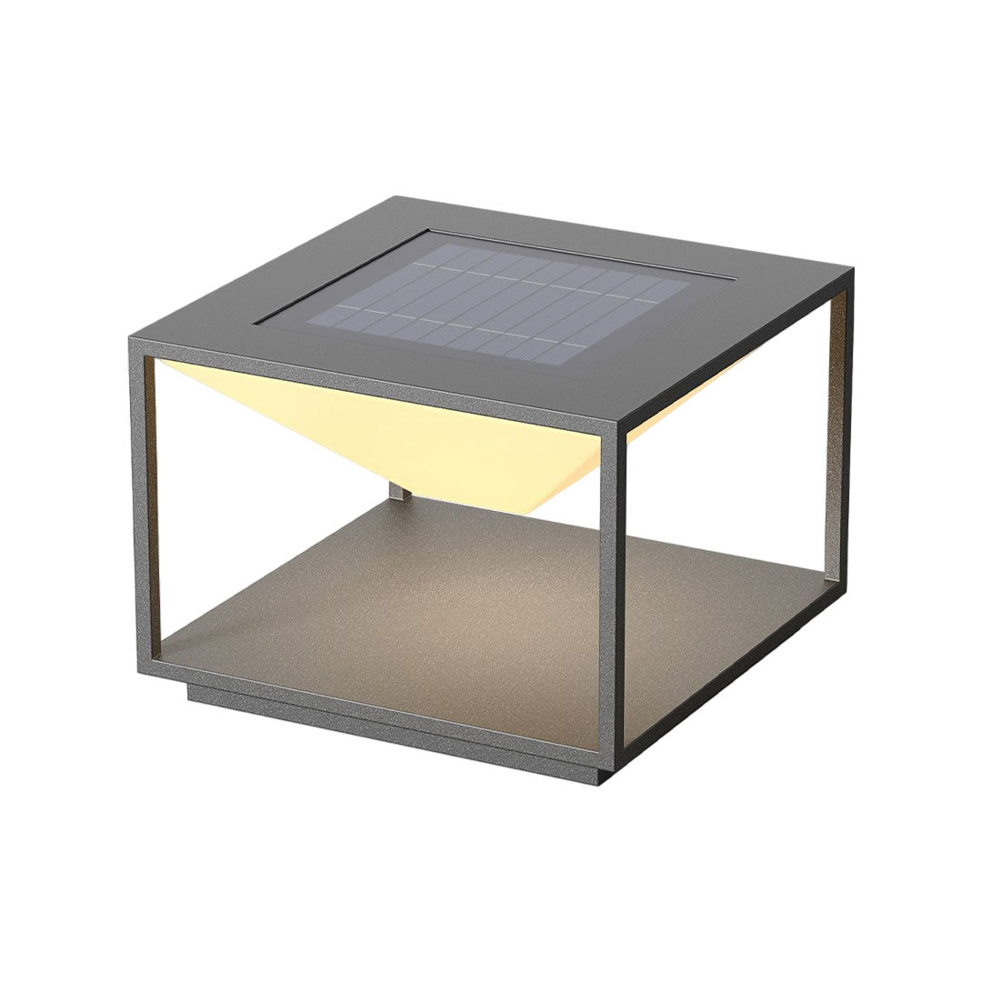 Solar pillar light outdoor with integrated solar panel and modern decorative lighting structure.