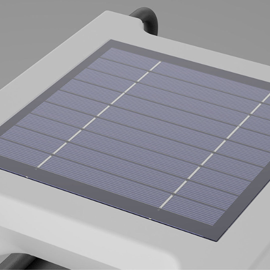 Solar pillar lighting close-up featuring illuminated geometric diffuser with modern outdoor styling.