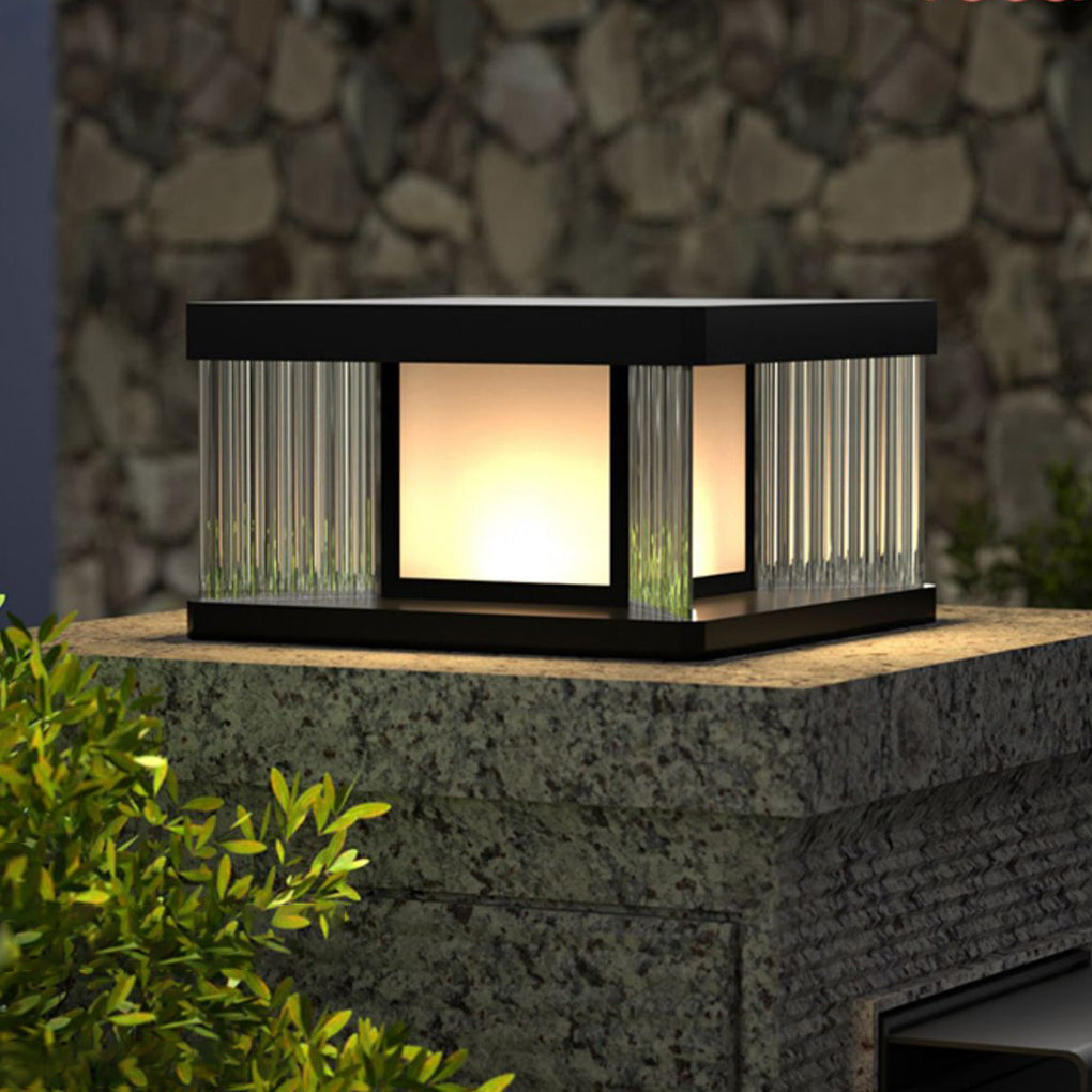 Solar pillar lights with a close-up of their solar panel and structure.
