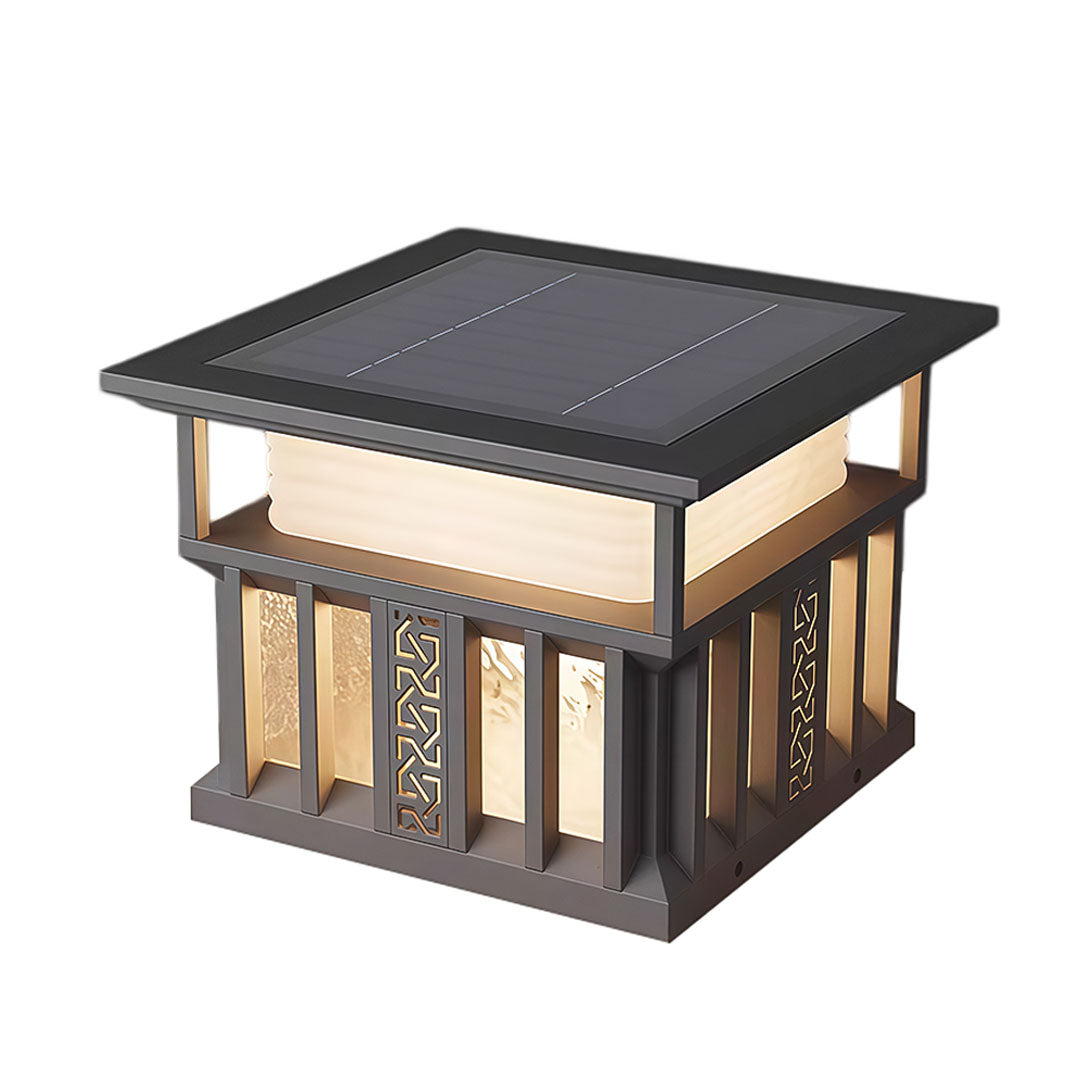 Solar-powered pillar lights for house with a sleek design and illuminated panels.