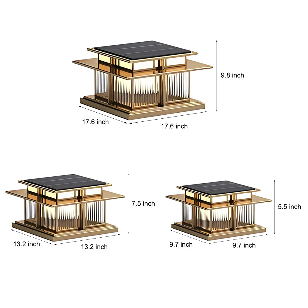 Solar porch pillar lights displayed with dimensional size diagram and measurements.