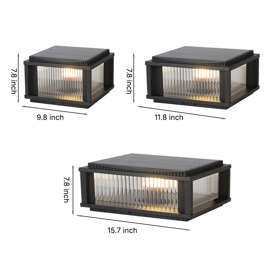 Technical diagram showing three different sizes of solar post lights with dimensional specifications