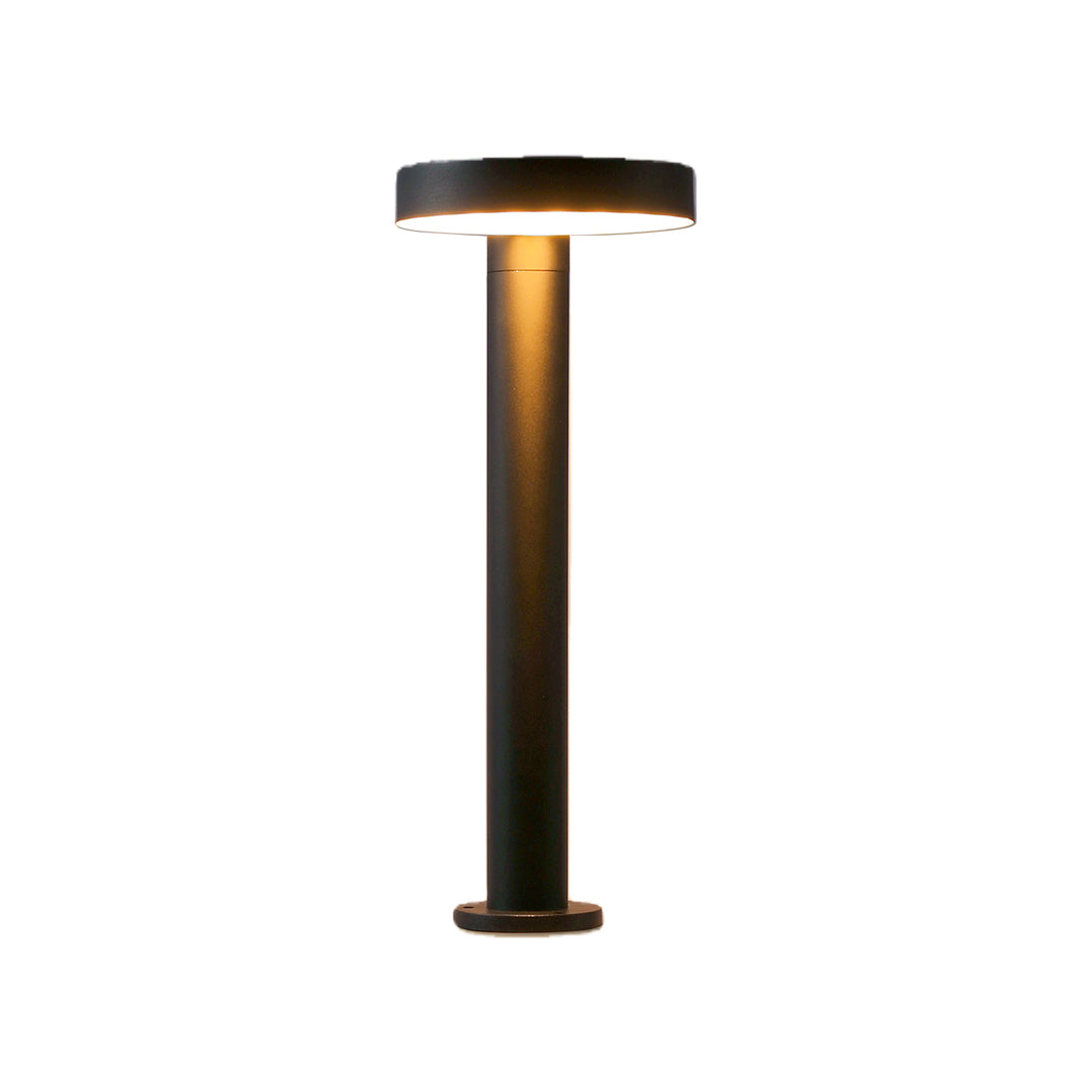 Solar-powered garden light with a minimalist design, lighting up the landscape at night.