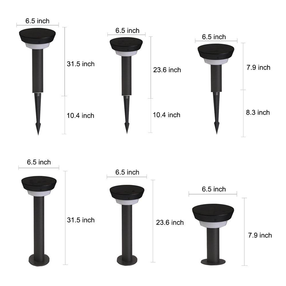 Solar powered garden path lights dimension diagram illustrating height and width for outdoor planning reference.