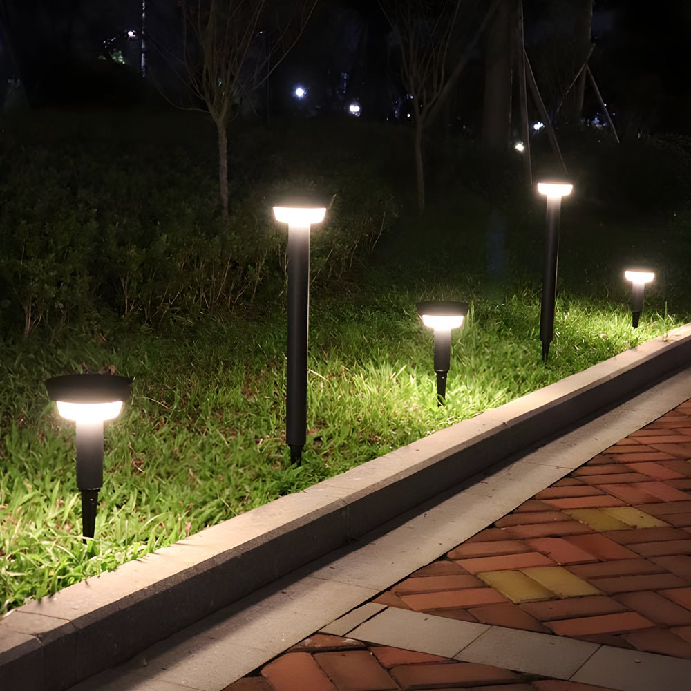 Solar powered garden path lights aligned beside a garden edge, creating a warm and inviting nighttime path.