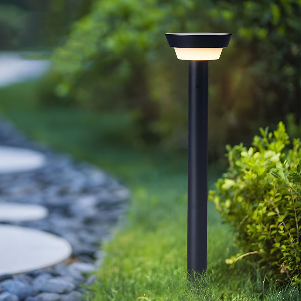 Solar powered garden path lights standing beside grass and shrubs, casting soft warm light along a garden path.