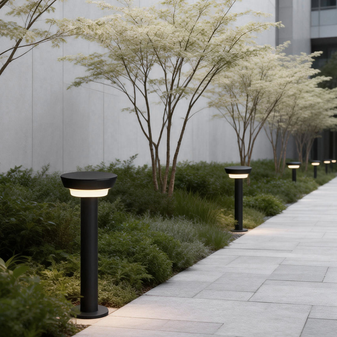 Solar powered garden path lights installed along a straight stone pathway with greenery in a minimalist outdoor setting.