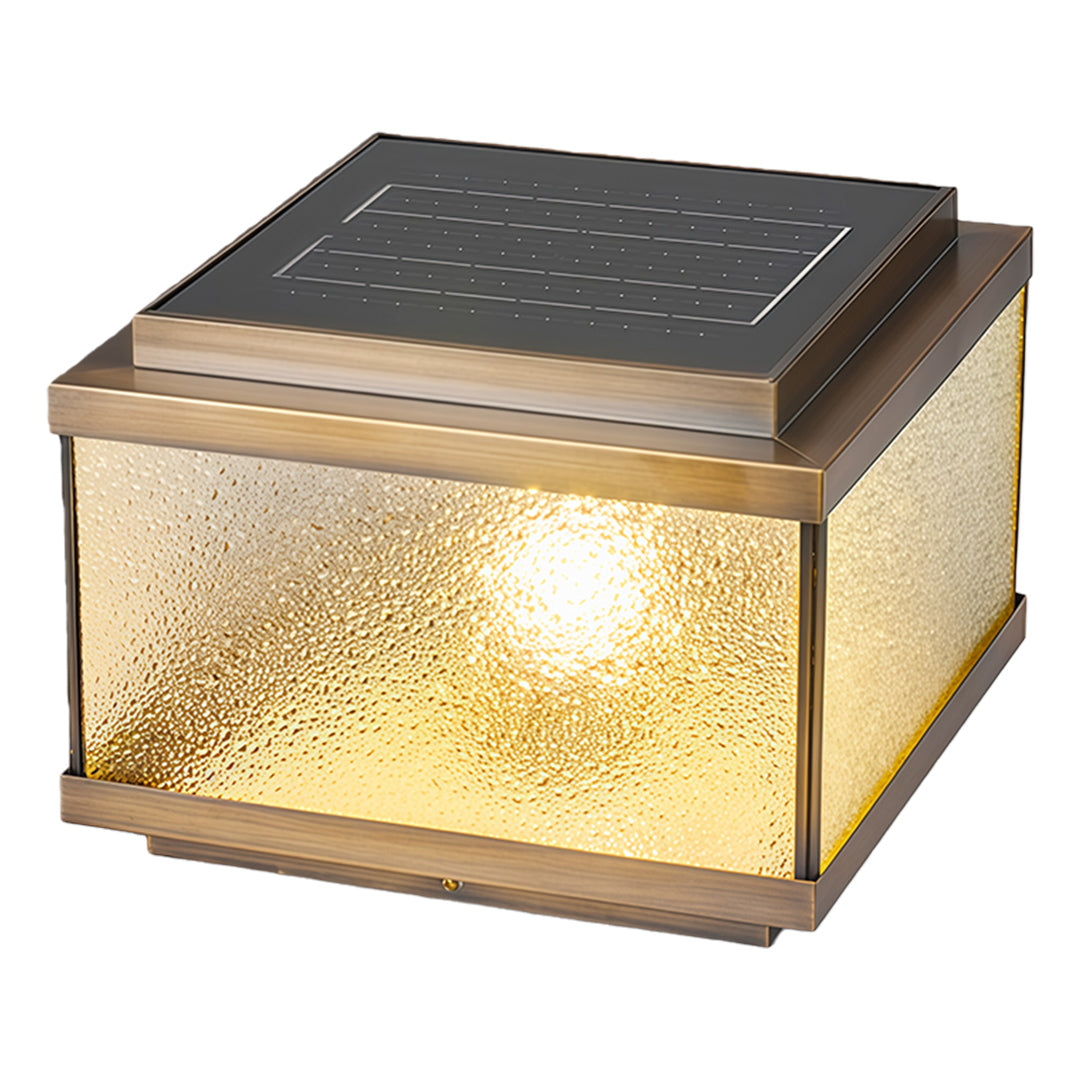 Contemporary square garden pillar light with bubble glass and solar-powered dark metal cap