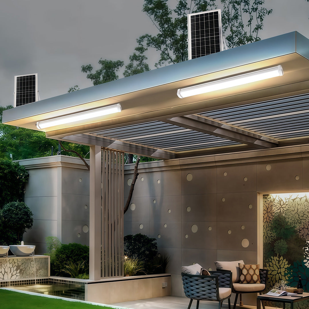 Solar-powered horizontal outdoor wall lighting modern bars installed under a pergola roof.