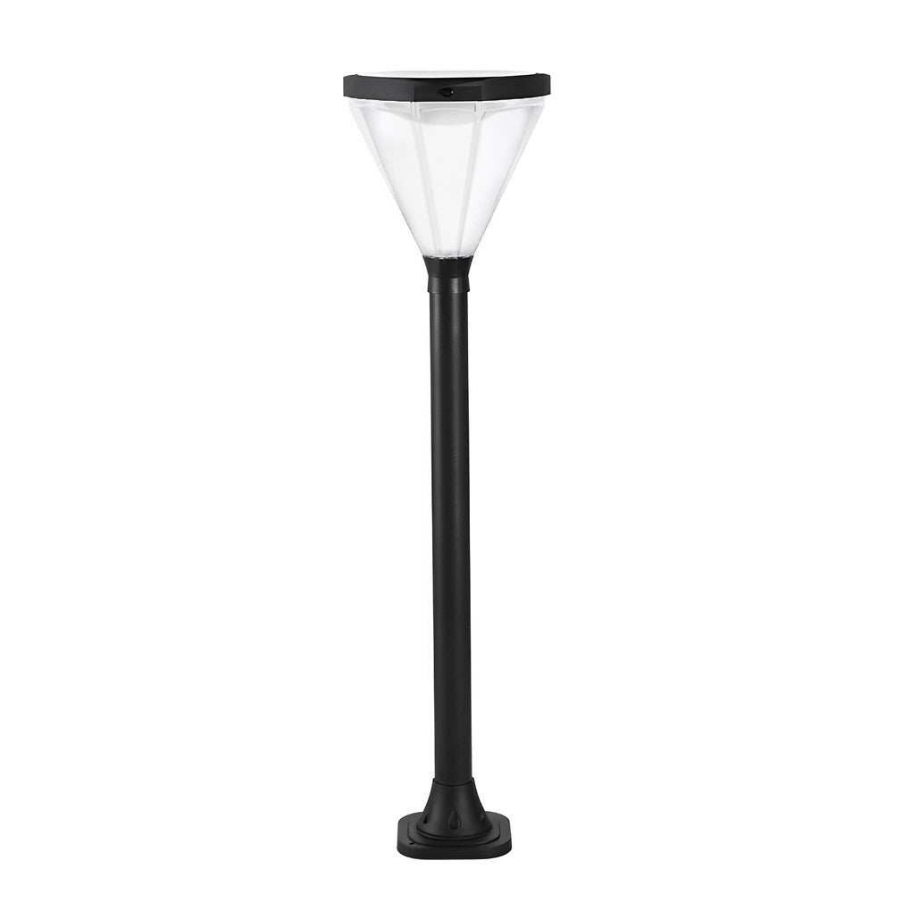 Solar powered lawn light with a sleek design, standing alone in a garden setting.