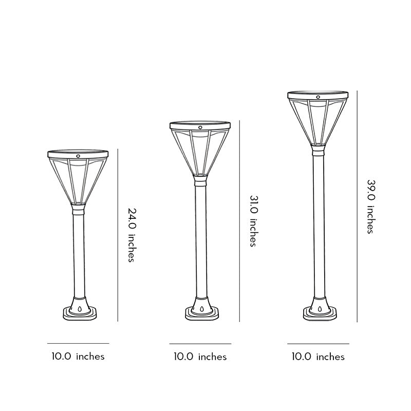 Technical diagram showing dimensions and structure of solar powered lawn lights models.