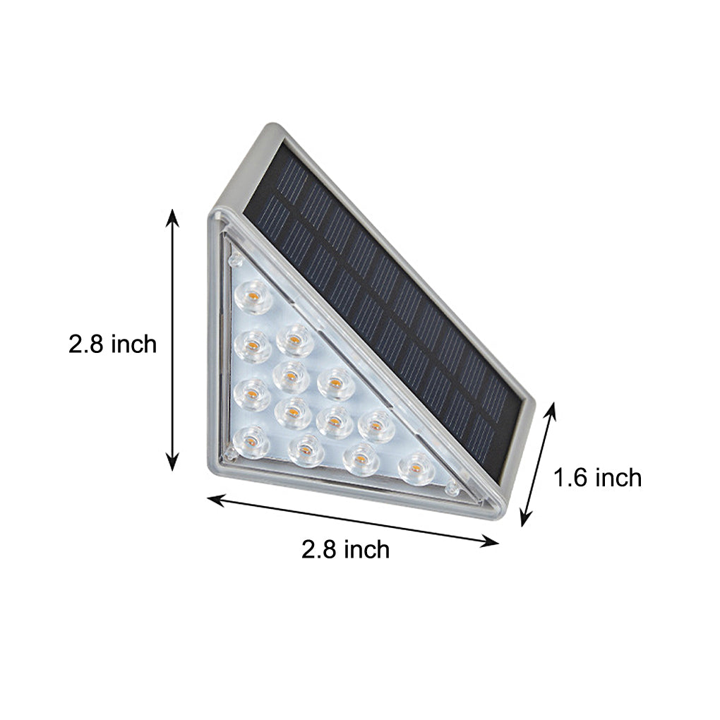 Solar powered lights for steps with size dimensions shown, illustrating compact triangular design for stair edges.