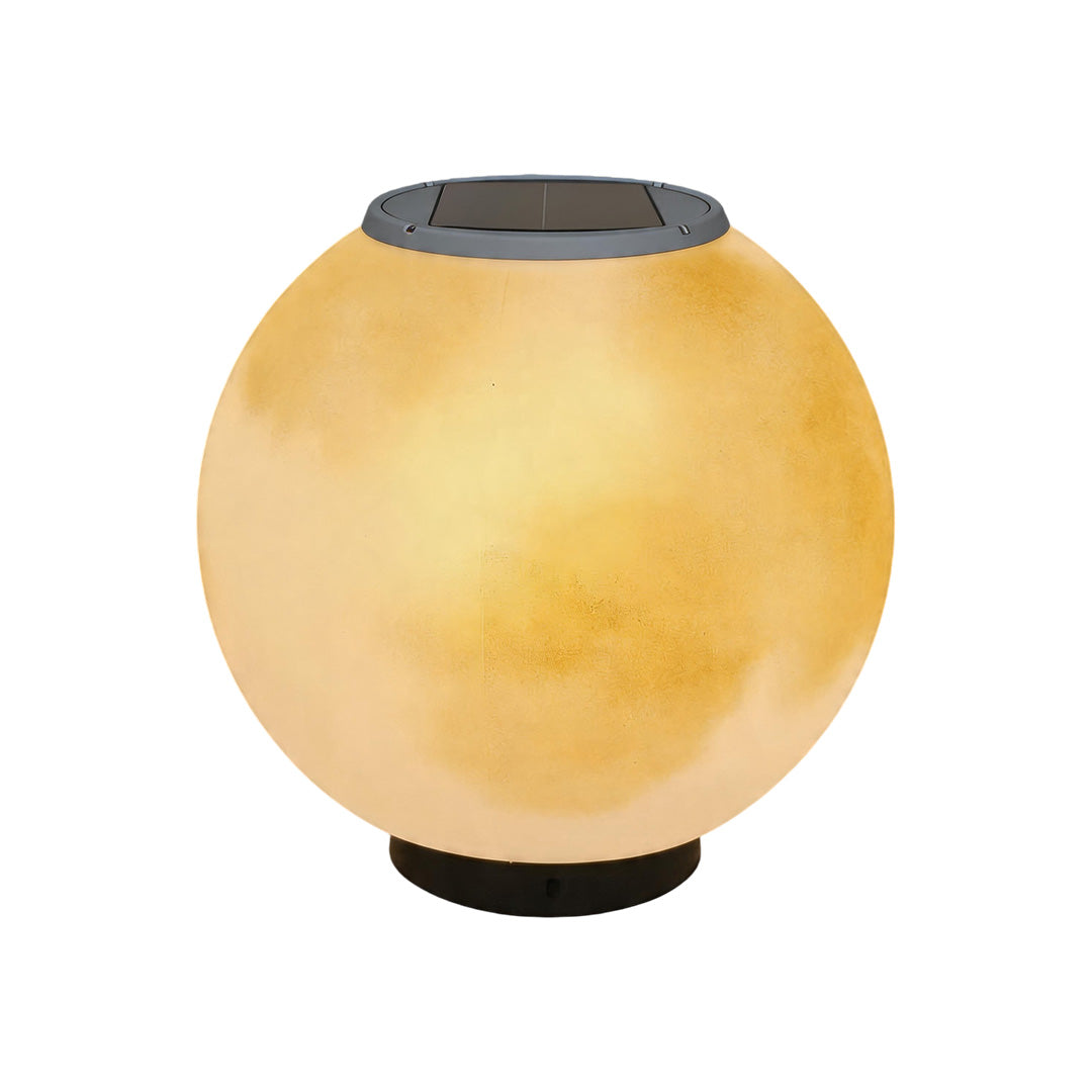 Solar powered moon pillar lights with integrated top panels isolated on a white background.