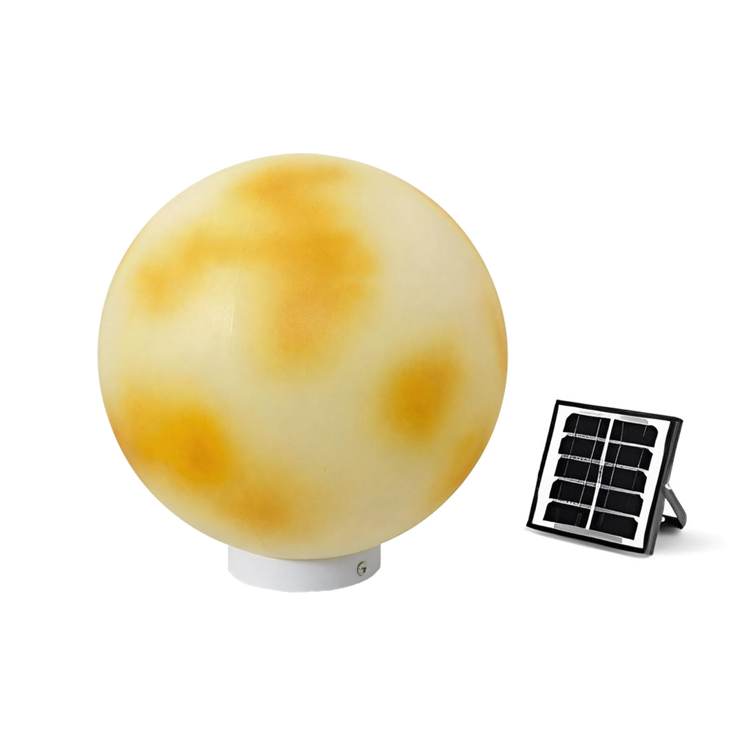 The solar powered moon-shaped stone pillar light with an external panel on white backgrounds ok.