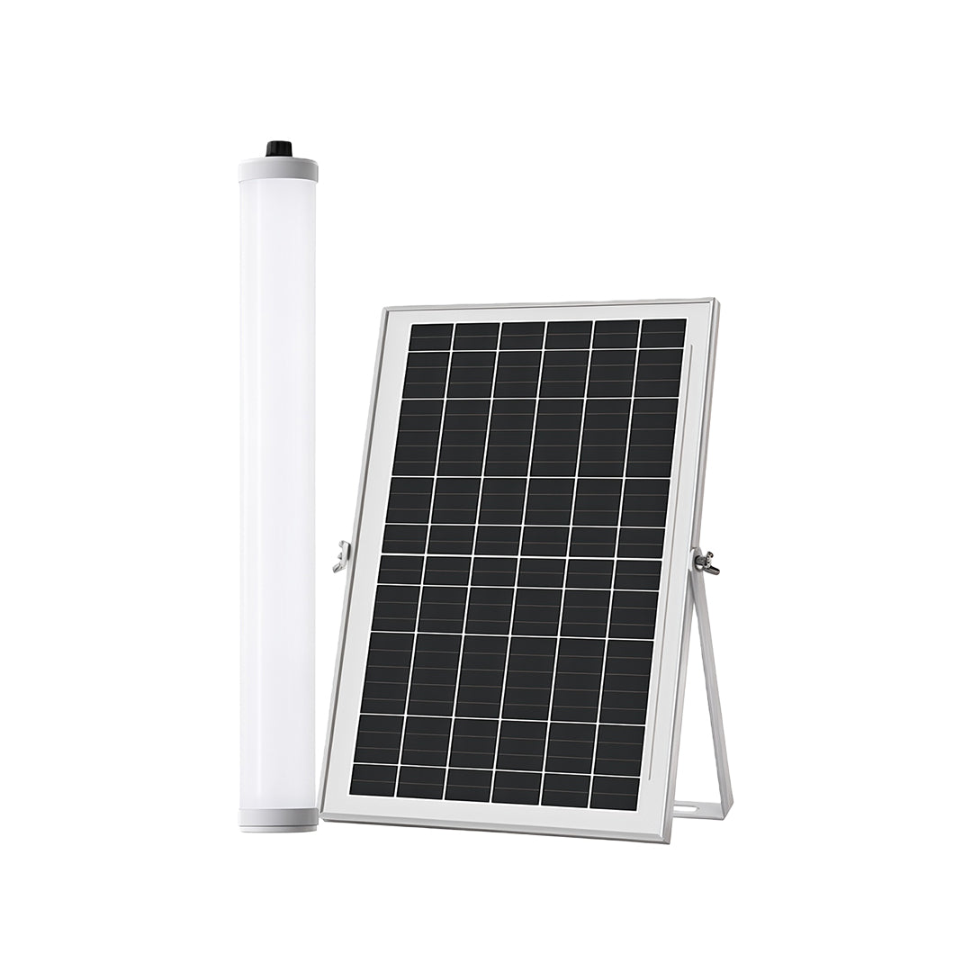 Solar-powered outdoor wall lighting modern system, displaying the vertical light bar next to the photovoltaic panel.