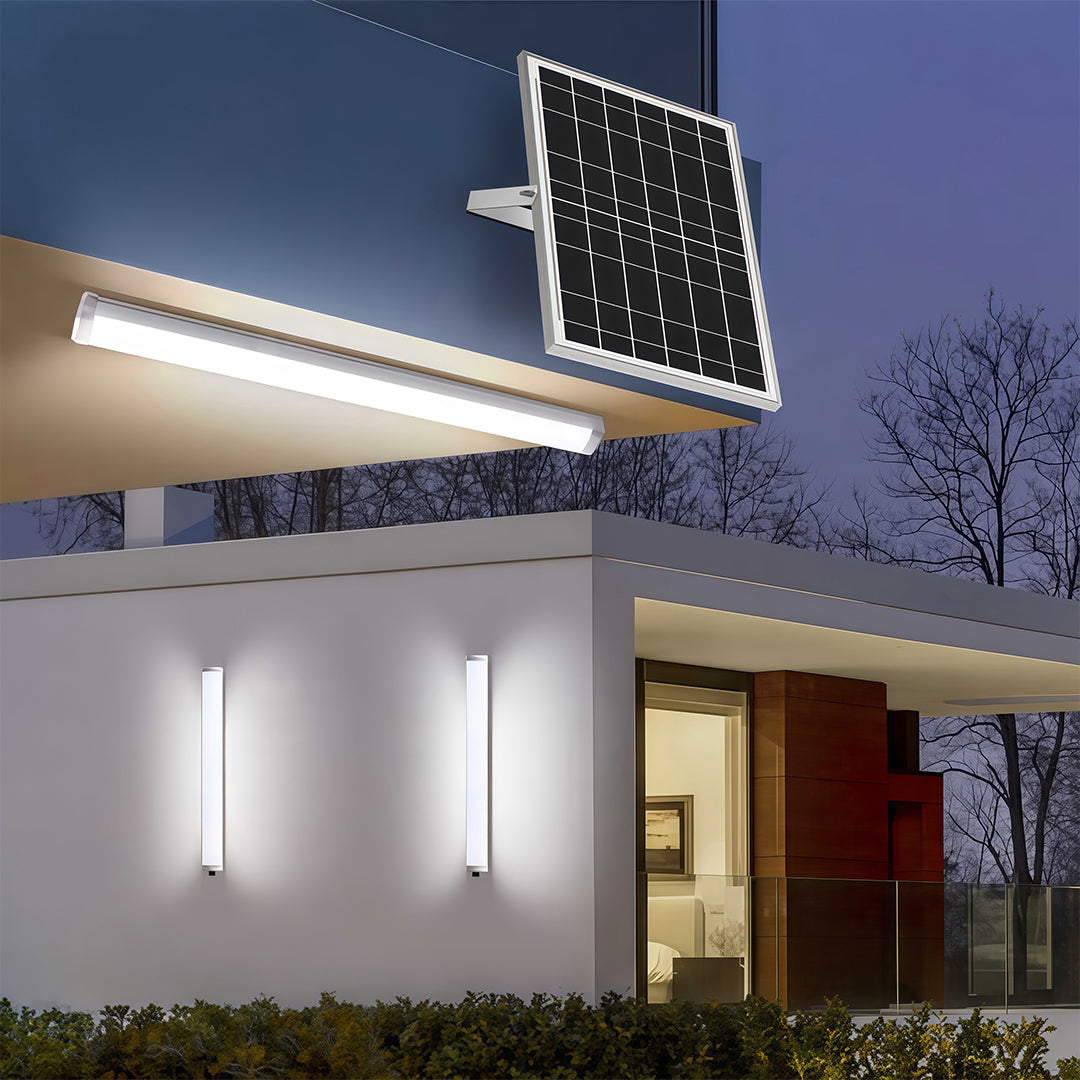 Solar-powered outdoor wall lighting modern system showing vertical and horizontal tube light installations.
