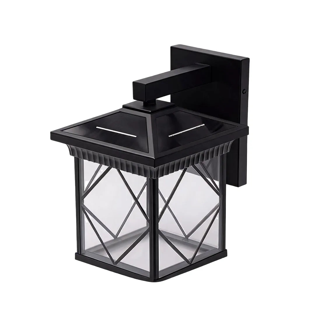 Solar powered outdoor wall sconce with a black frame and clear glass panels in a white background product view.