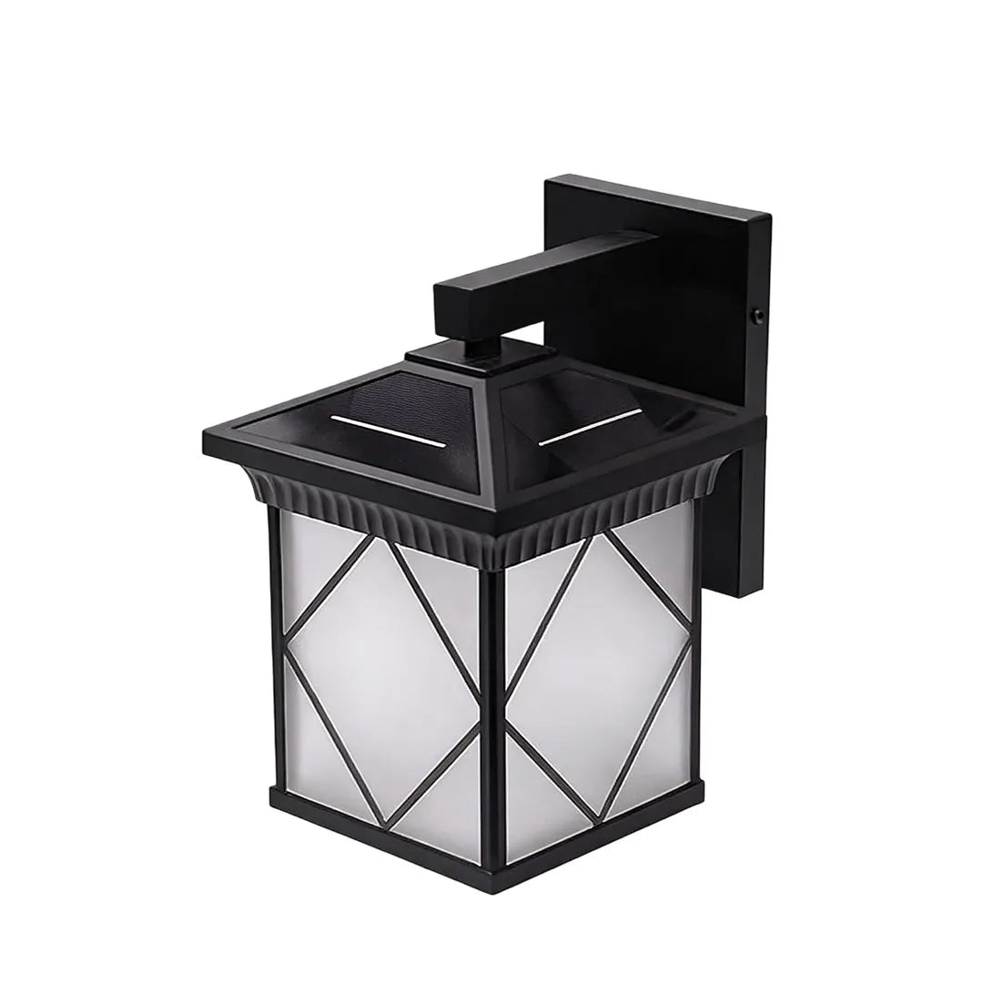 Solar powered outdoor wall sconce with a black frame and frosted glass panels in a white background product view.