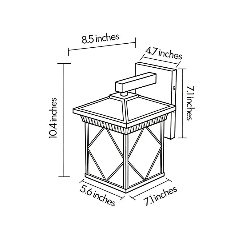 Solar powered outdoor wall sconce dimension diagram showing overall fixture size and mounting measurements.