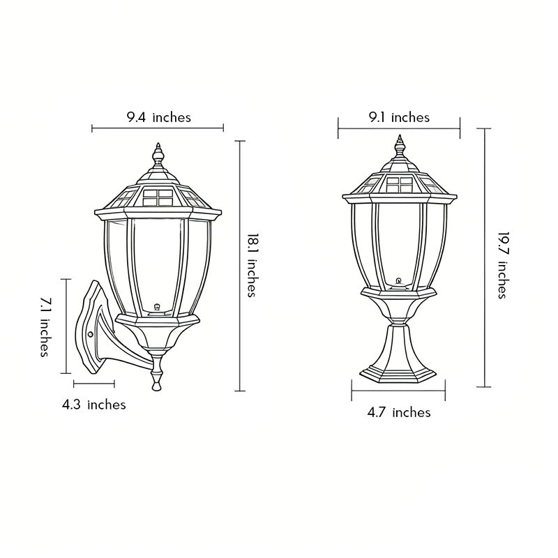 Line drawing of solar powered pillar lights dimensions, providing installation specifications.
