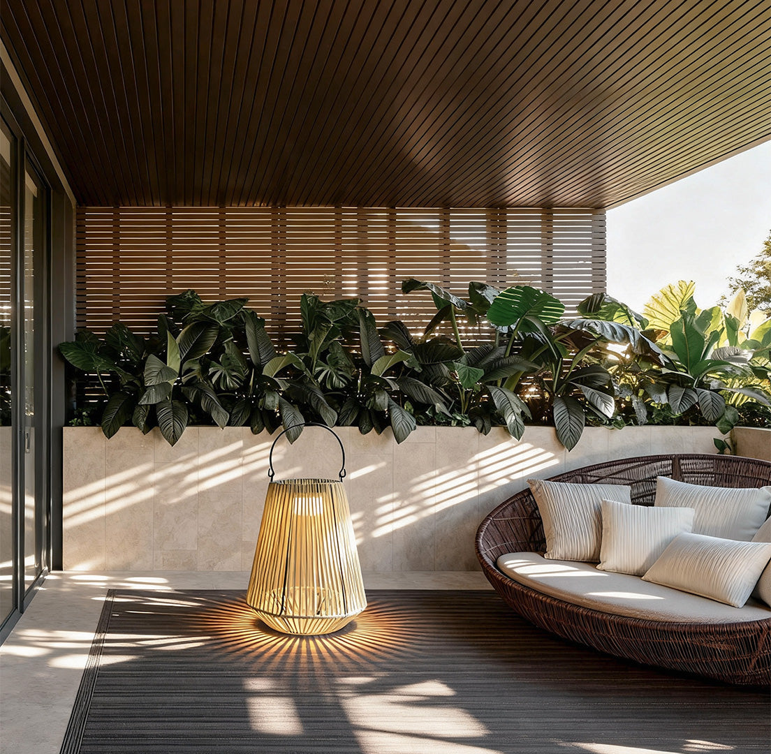 Warm glowing solar rope lantern used as ambient lighting on a covered patio with woven furniture.