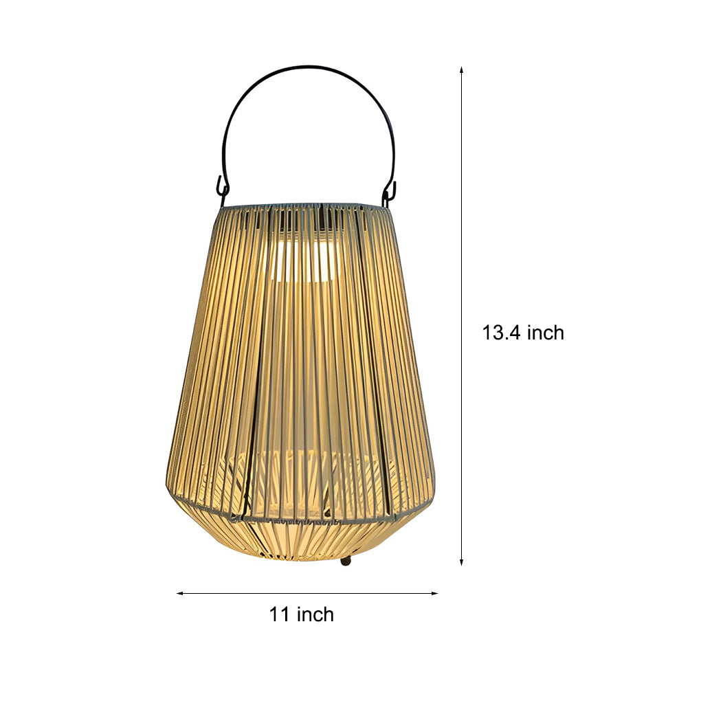 Solar powered rope lantern with size dimensions shown for outdoor decorative lighting reference.