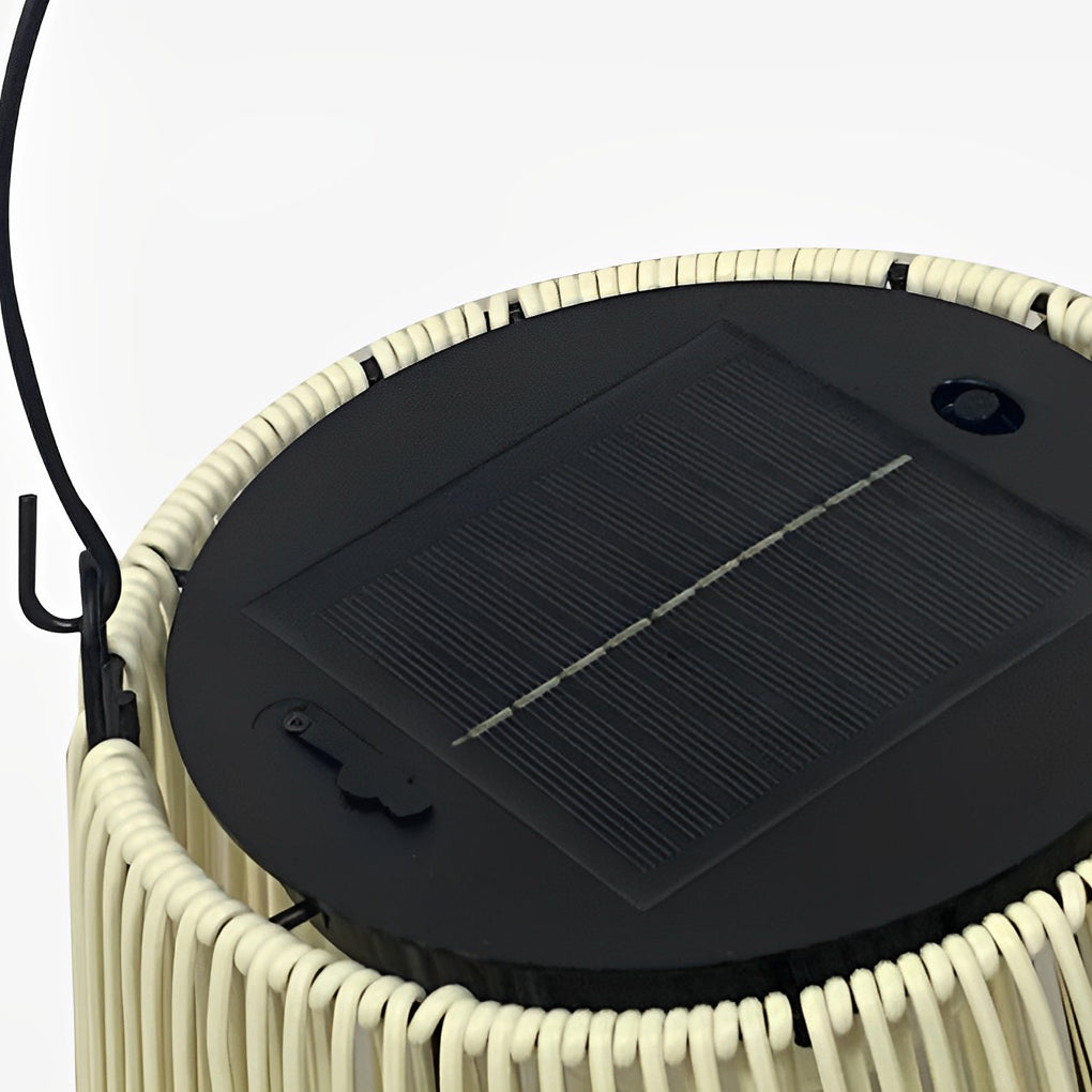Top view of solar powered rope lantern showing integrated solar panel and handle detail.
