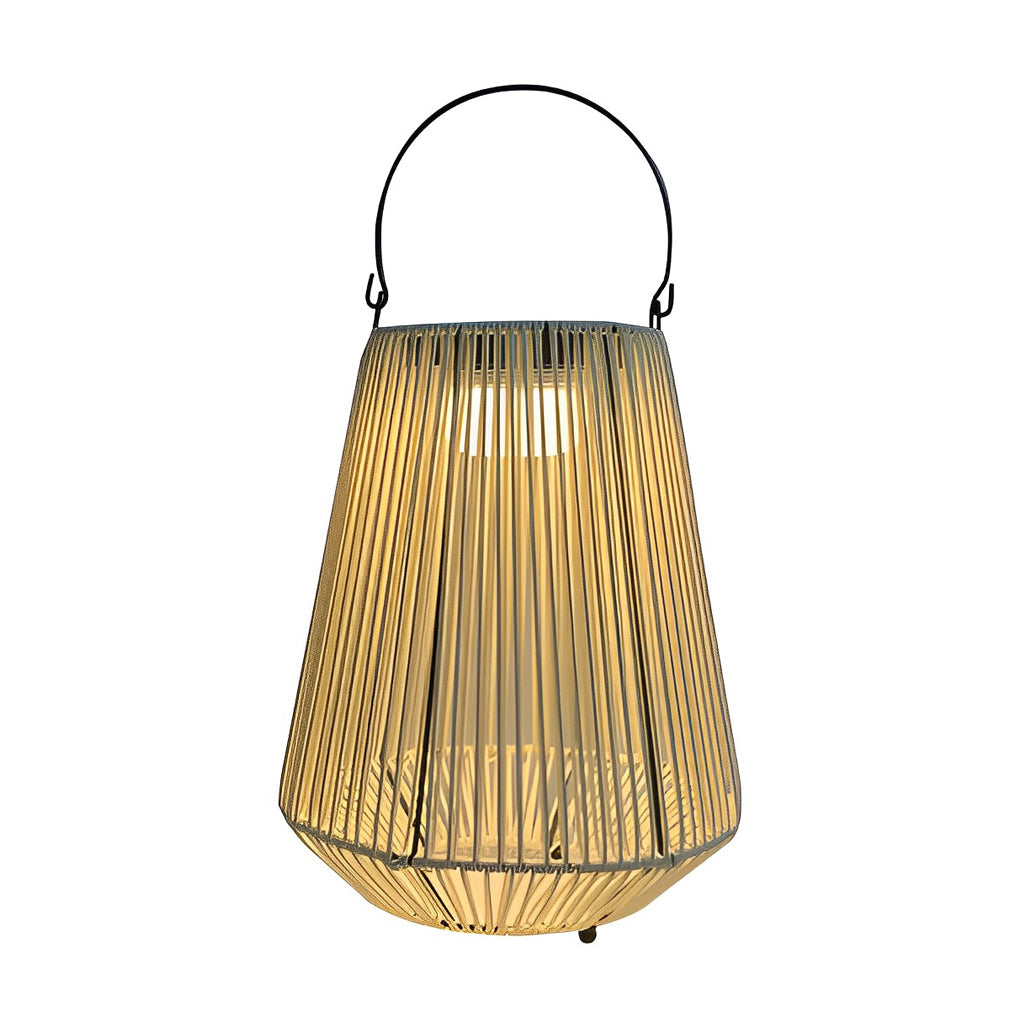 Studio shot of solar powered rope lantern with handle, illuminated against a white background.