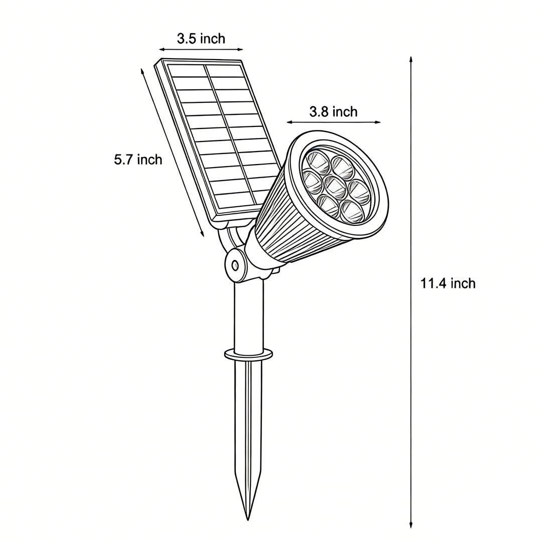 Technical dimension diagram of solar powered spotlights showing spotlight head, solar panel size, and ground stake measurements.