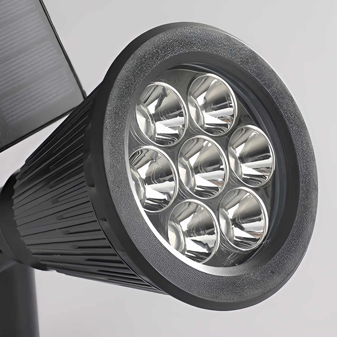 Front view of solar powered spotlights LED lens array, featuring multiple high-brightness LEDs for outdoor lighting.