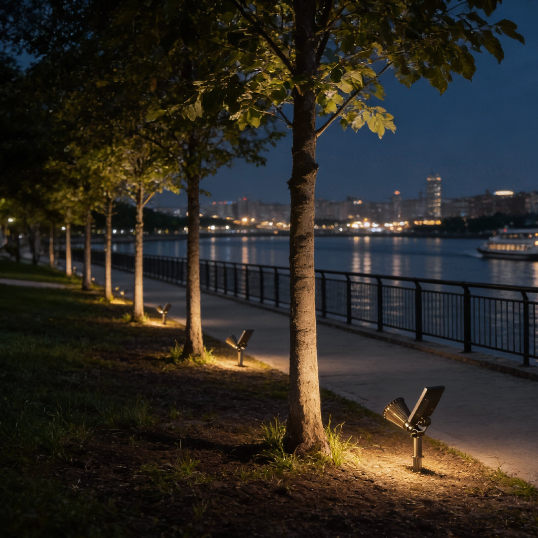 Solar powered spotlights lining a riverside pathway, creating soft landscape illumination along trees and walkway at night.