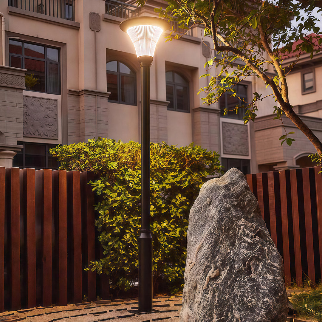 Solar-powered commercial streetlight with a modern design, offering bright street illumination.