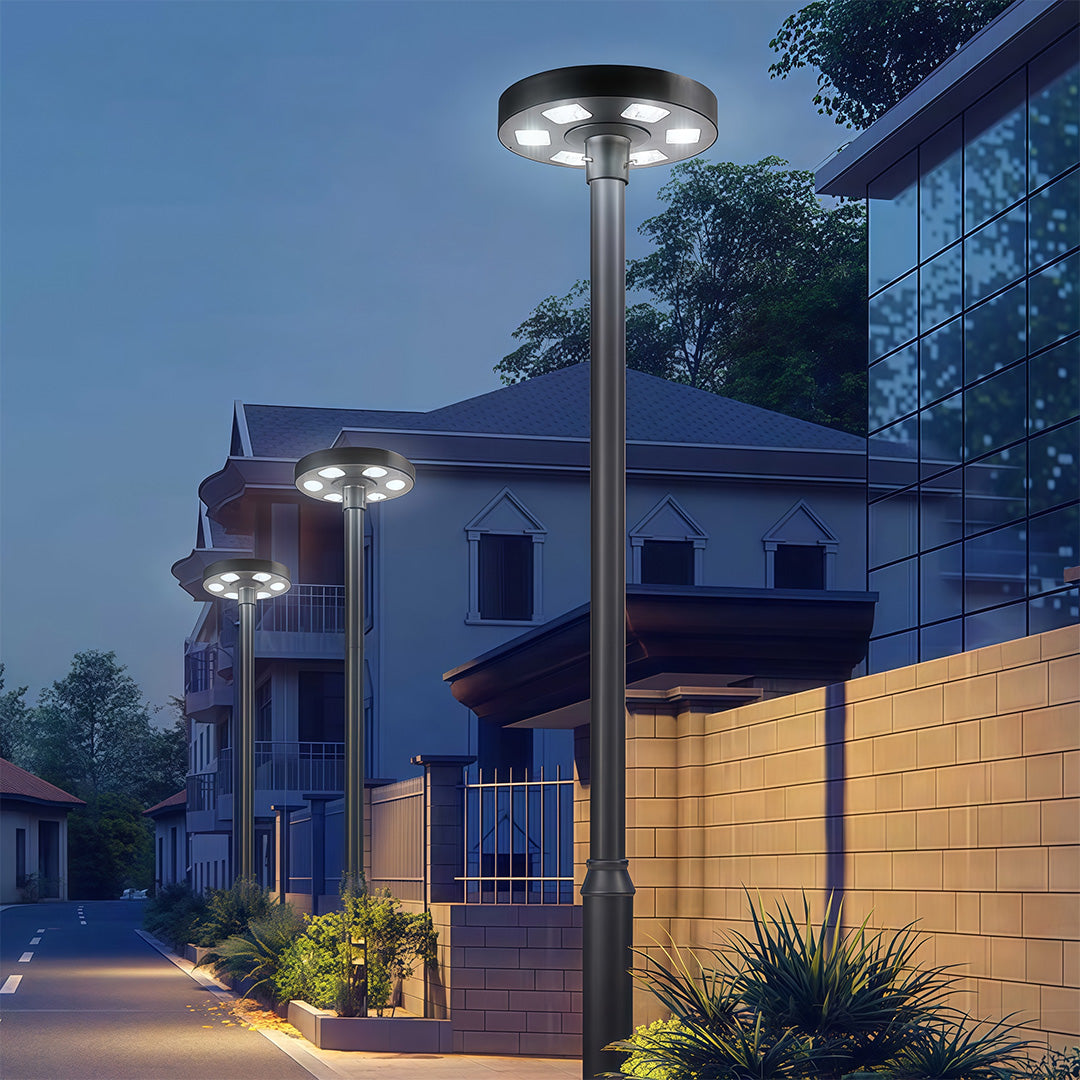 Solar-powered street light installed in a park, providing eco-friendly illumination.