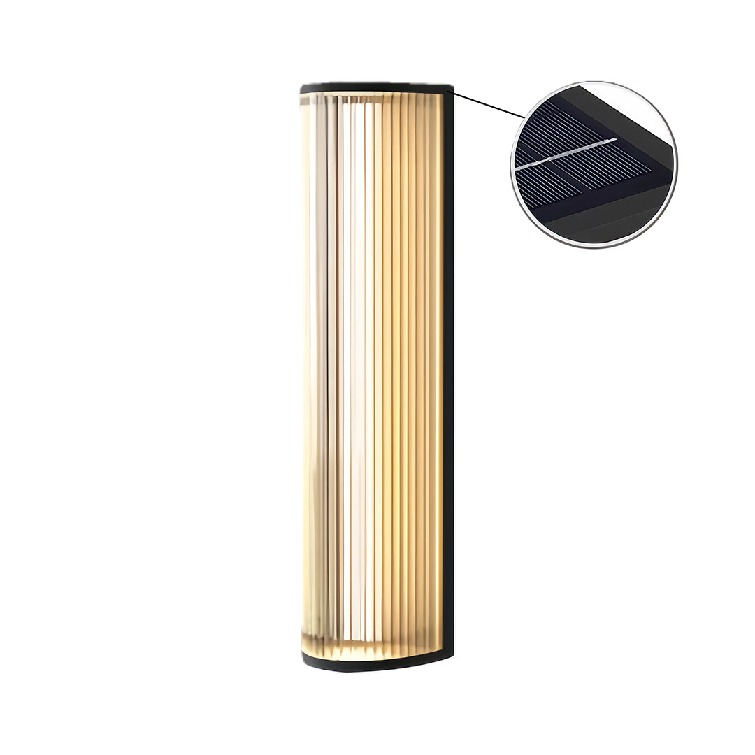 Solar-powered vertical wall sconce lighting product image with a callout displaying the photovoltaic cells.