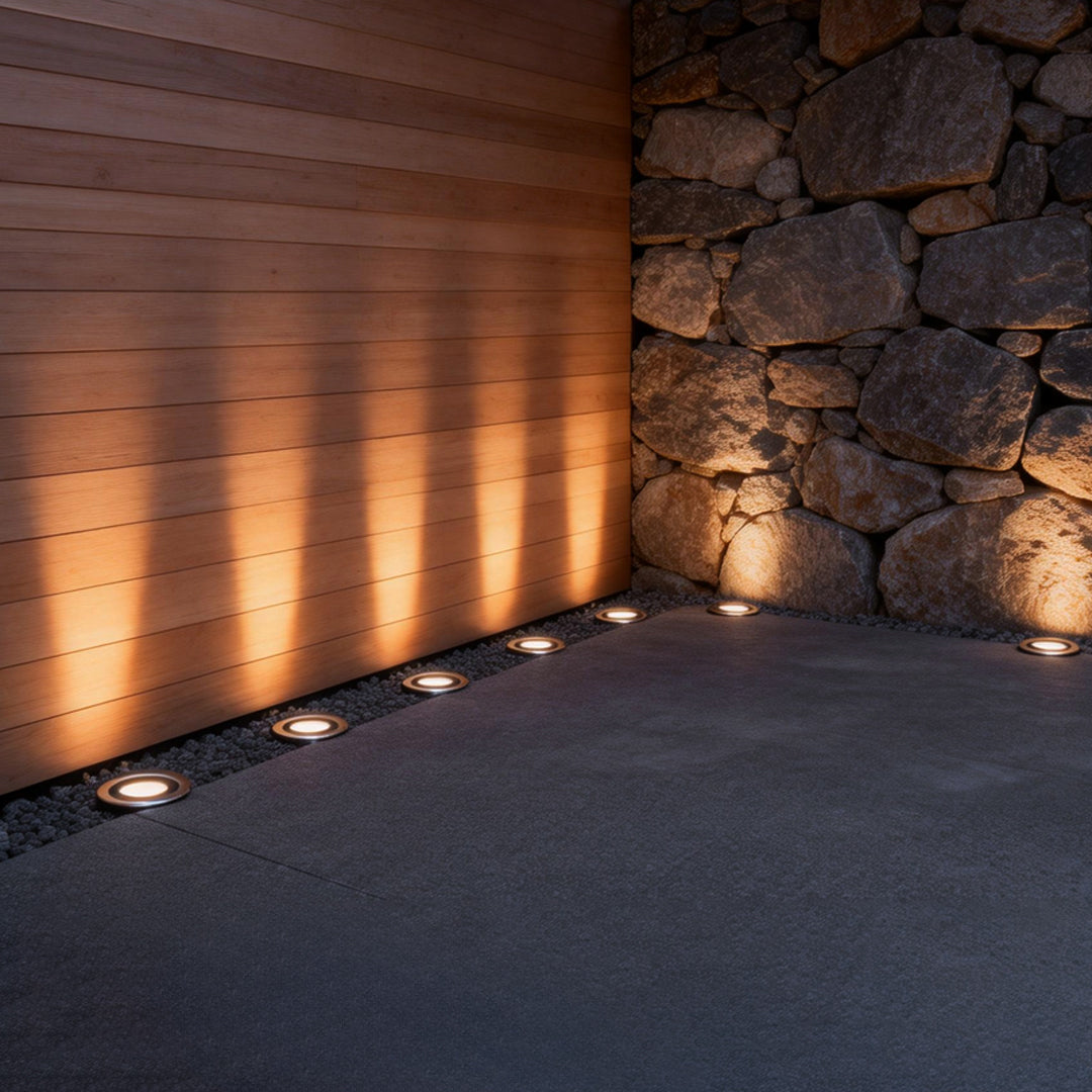 Solar powered well lights enhancing a contemporary stone wall with elegant directional light.