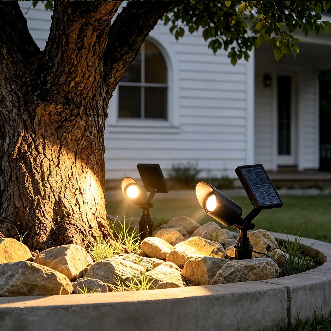 Dual solar spotlight for trees brightening a mature tree in a circular stone planter near a home entrance.