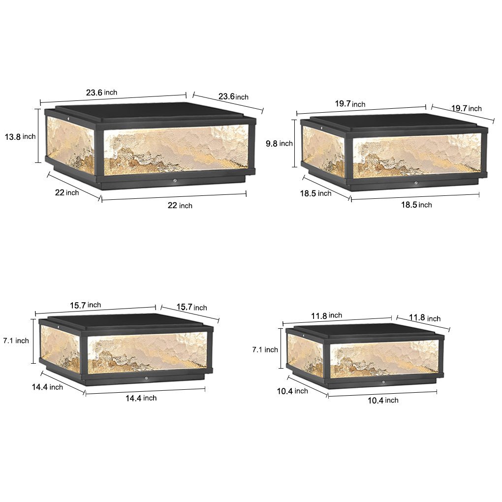Solar square outdoor pillar lights shown in different size options with dimension diagram.