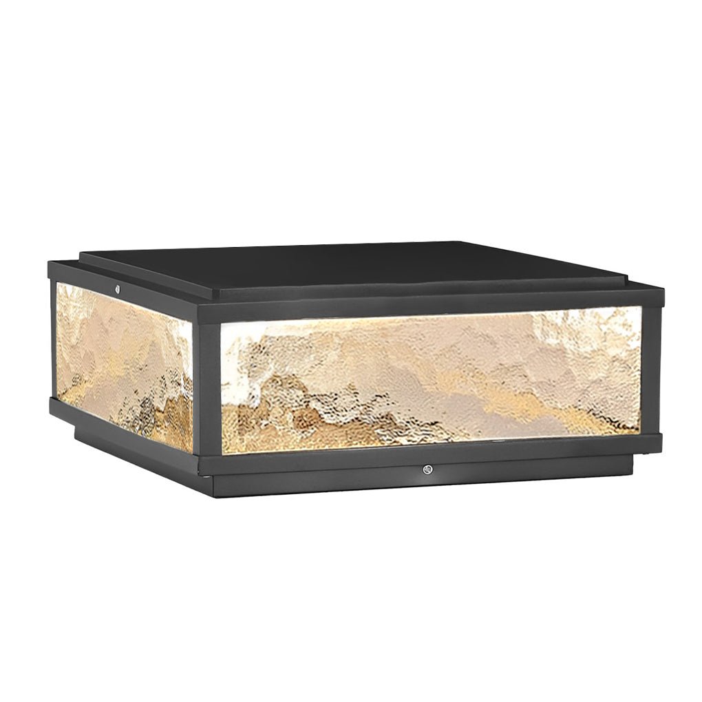 Product image of solar square outdoor pillar lights with textured glass and black frame.