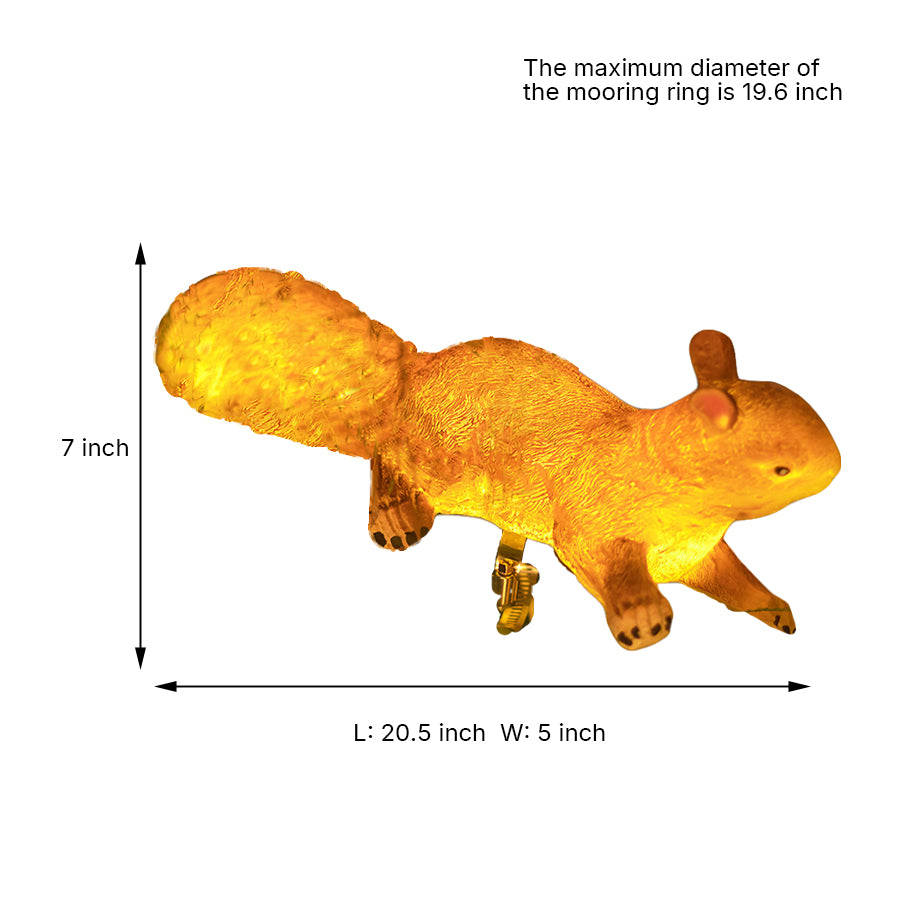 Product specification sheet showing solar squirrel light with dimensions and technical details