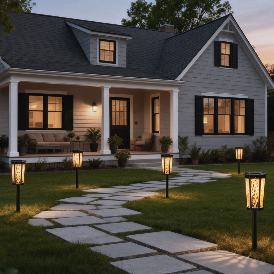 Solar stake light enhancing the curb appeal of a house with warm light along the garden walkway.