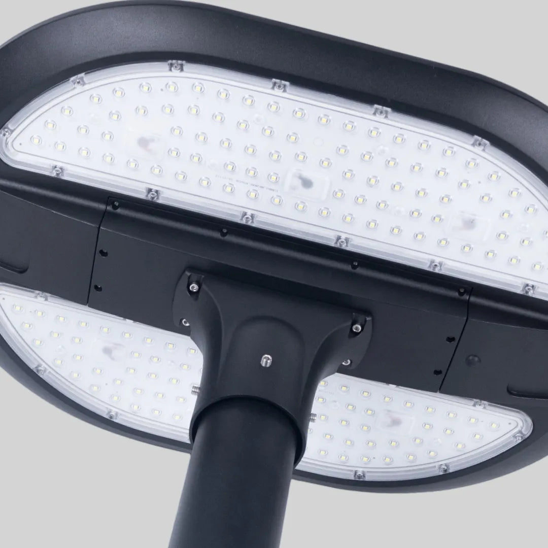 Solar street light head with integrated LED panel and black frame