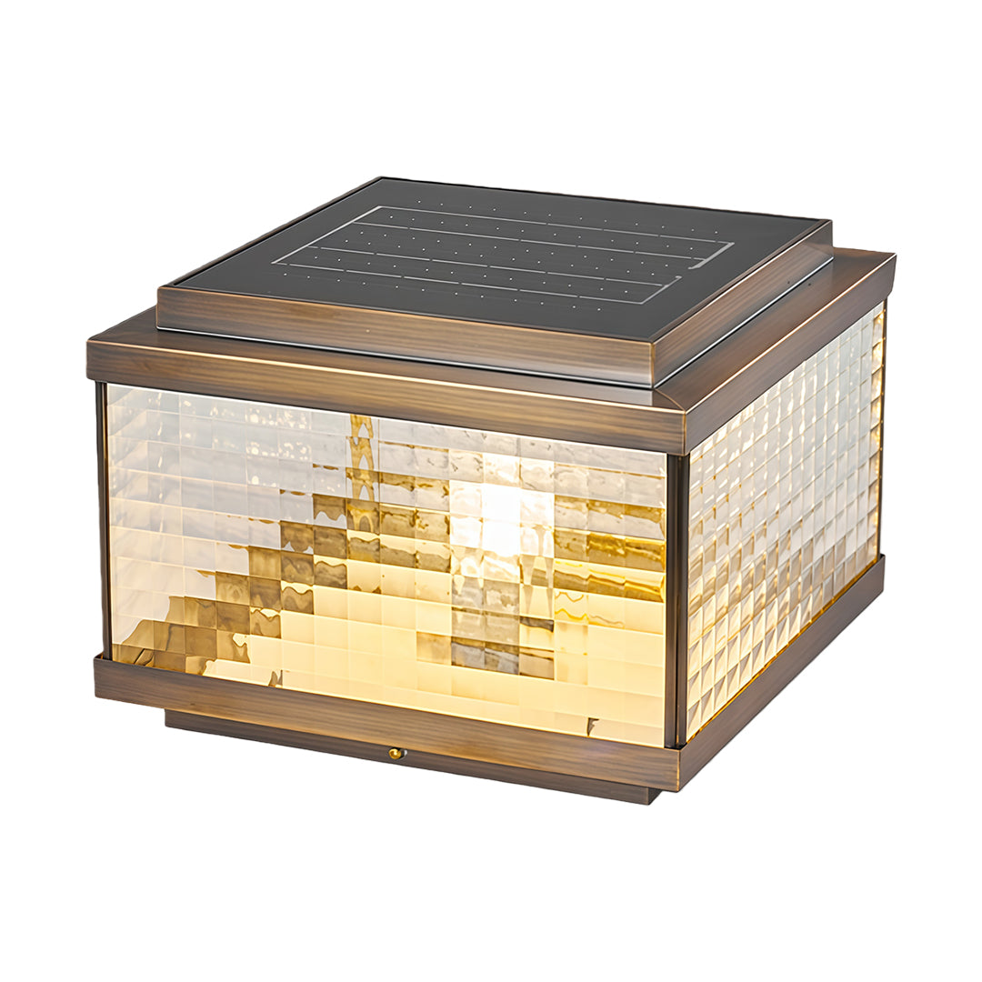 Modern pillar cap light featuring tiered glass panels with solar top for energy-efficient pathway lighting