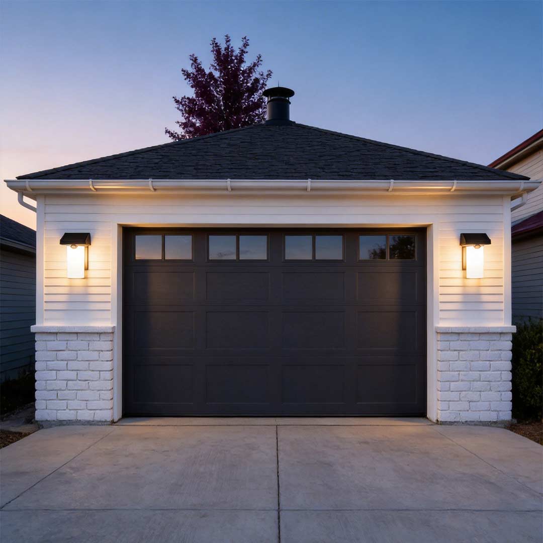 Solar wall lamp with motion sensor mounted beside a contemporary house garage.