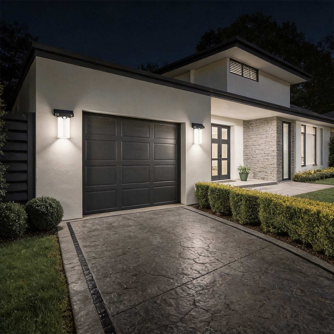 Solar wall lamp with motion sensor illuminating a modern garage entrance at night.