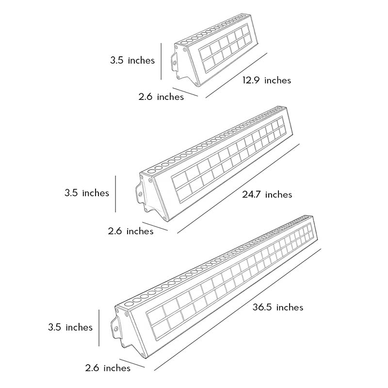Solar wall outdoor lights dimension drawing showing multiple linear LED fixture size options.