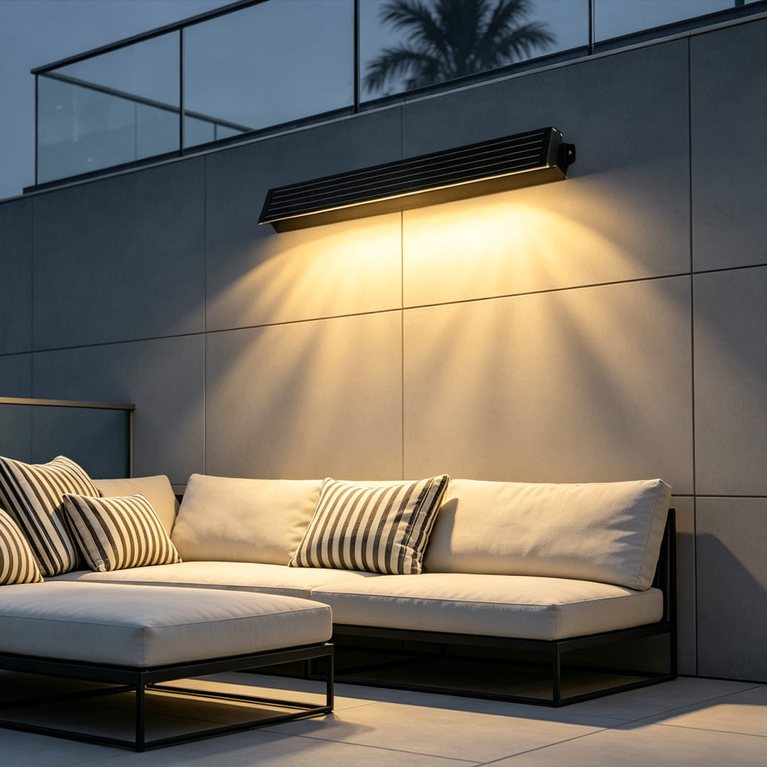 Detailed solar panel view of solar wall outdoor lights with sleek modern rectangular design.