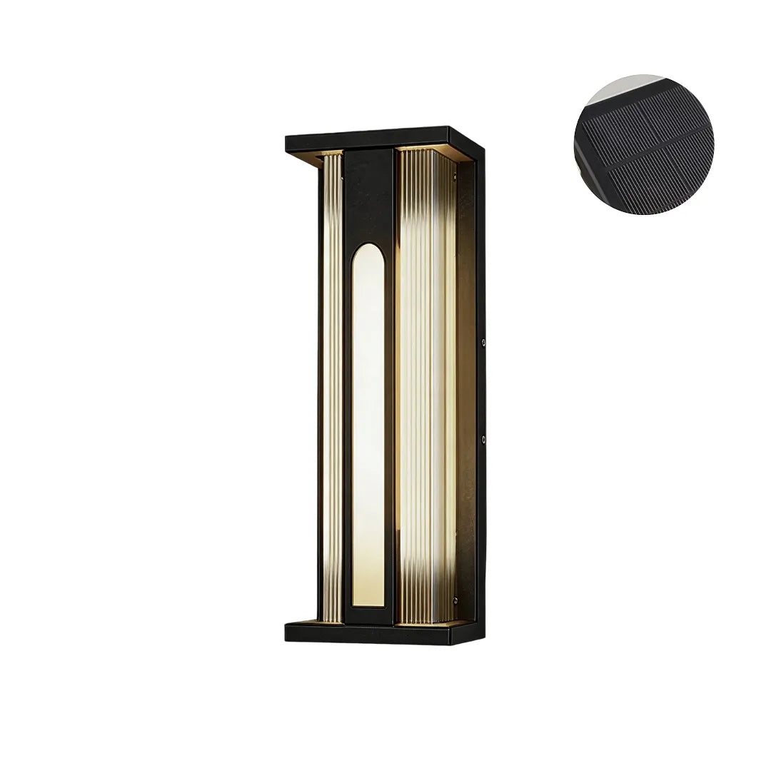 Medium solar wall sconce with black frame and integrated solar panel