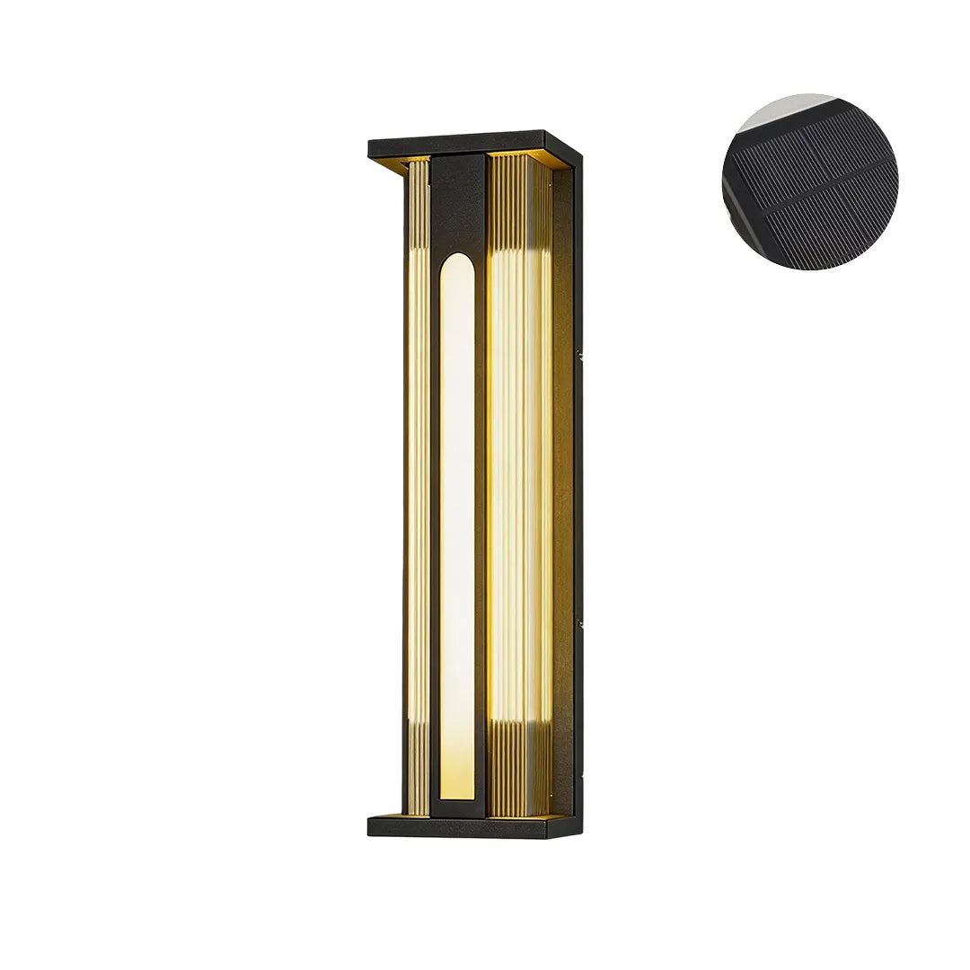 Tall solar wall sconce with integrated solar panel and warm LED lighting